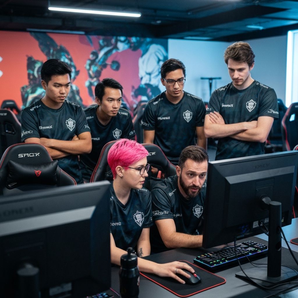 Profesjonalna sesja treningowa drużyny e-sportowej z coachingiem